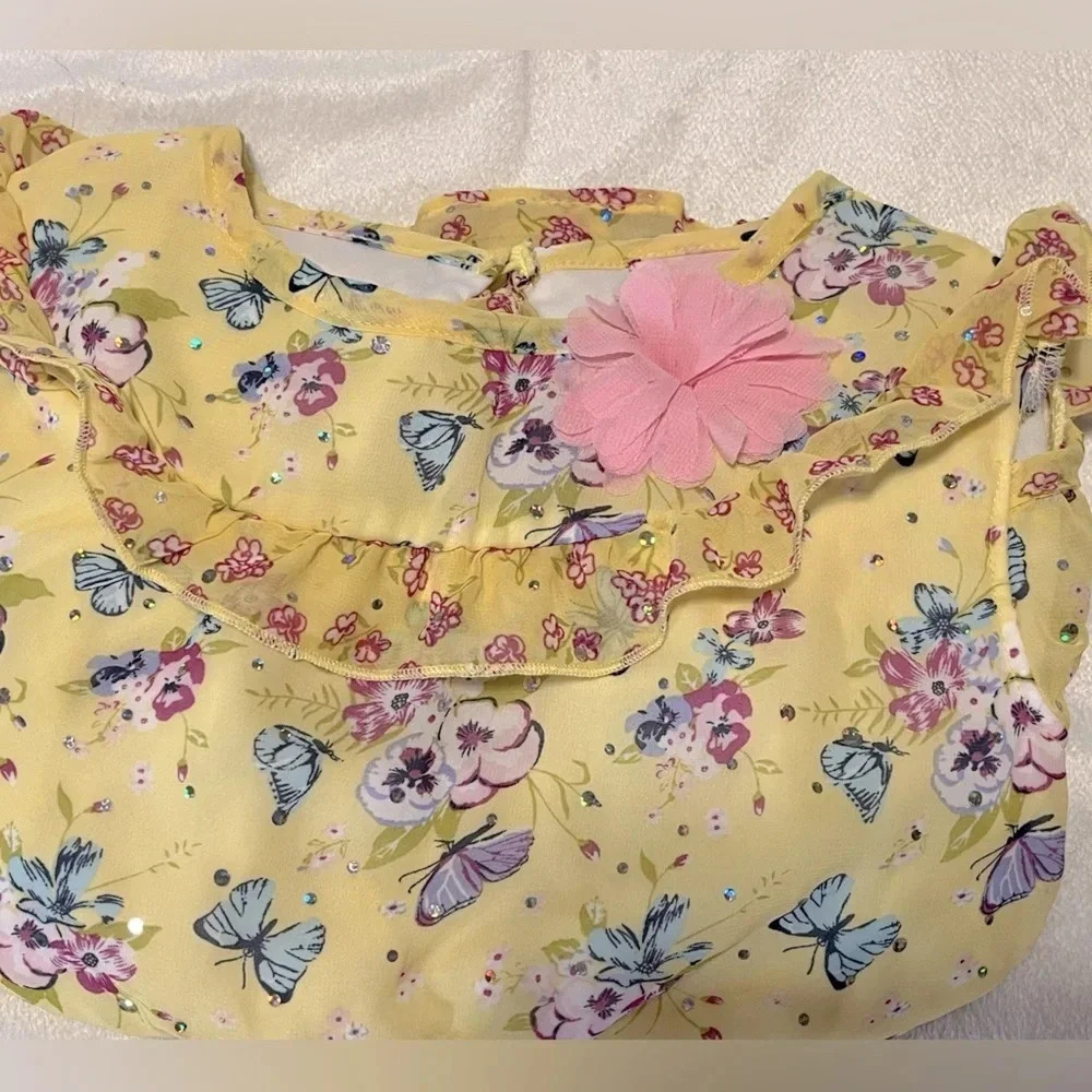 Little Las 2 piece Fancy set blouse and pants Yellow/Blue with Daisy Ruffles - Picture 2 of 15